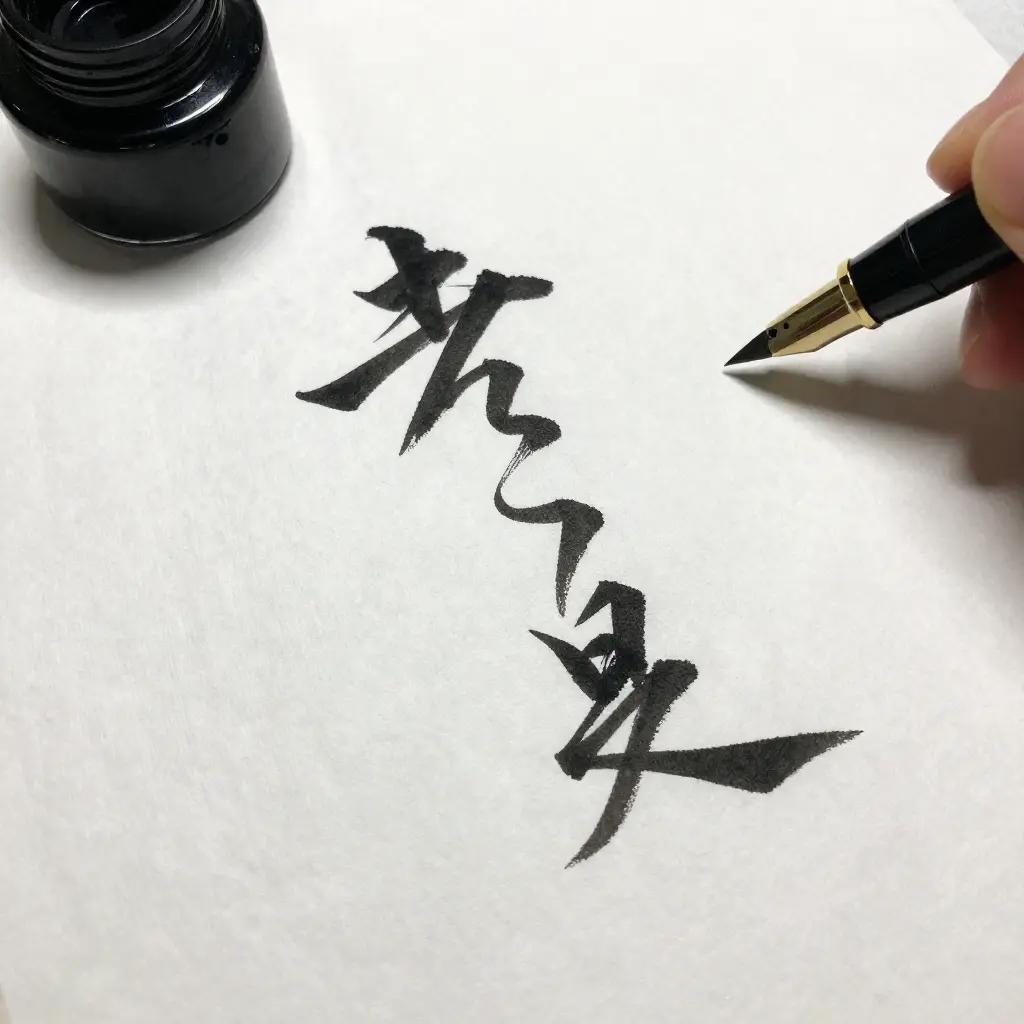 Calligraphy practice session with ink and pen