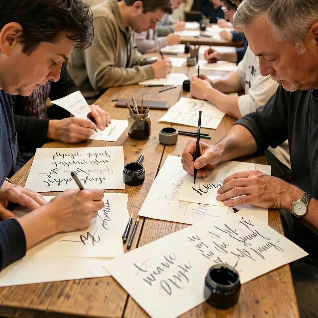 Adult learners practicing basic calligraphy strokes